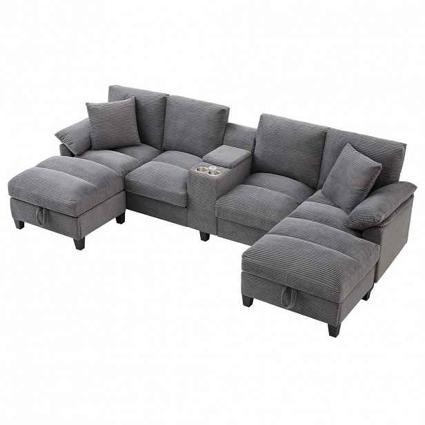 Modfu SEDACÍ souprava do U z manšestru 293x93x142 cm šedá s USB, úložným prostorem a držákem nápojů