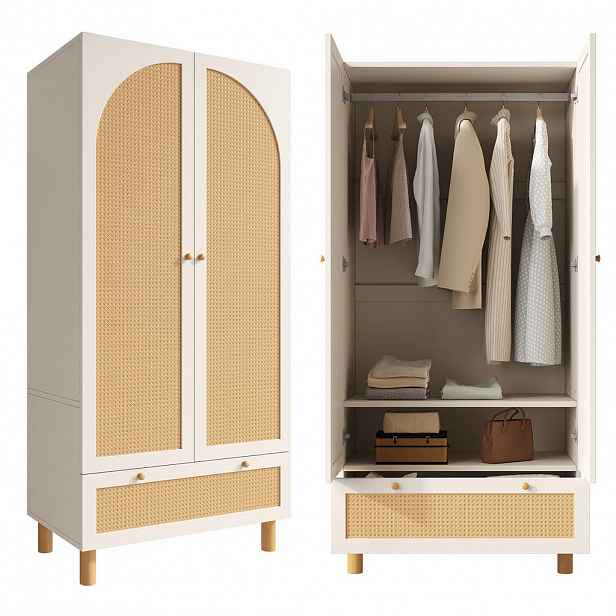 OKWISH ŠATNÍ skříň 180,5/85,5/52 cm bílá z MDF, dřevotřísky a borovice s ratanem, zásuvkou a závěsem