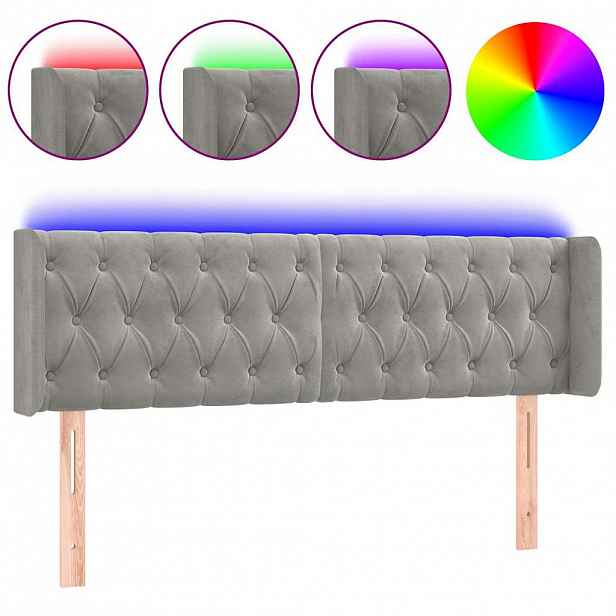 vidaXL Čelo postele s LED světle šedé 163 x 16 x 78/88 cm samet