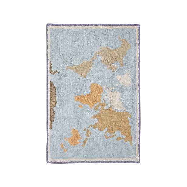 Modro-béžový pratelný ručně tkaný bavlněný dětský hrací koberec 70x100 cm Mini Worldmap – Lorena Canals