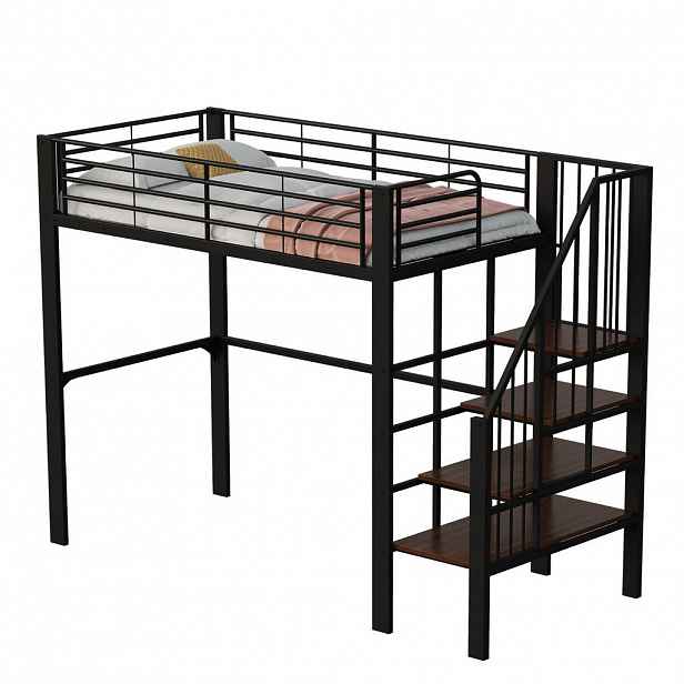 Redom VYSOKÁ postel 90 x 200 cm s úložným prostorem a schodištěm, Kovová konstrukce, Černá/Bílá