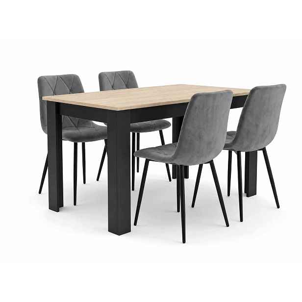 Jídelní stůl 120x80 cm, dekor dub sonoma s černými nohami 4 čalouněné židle v šedé barvě