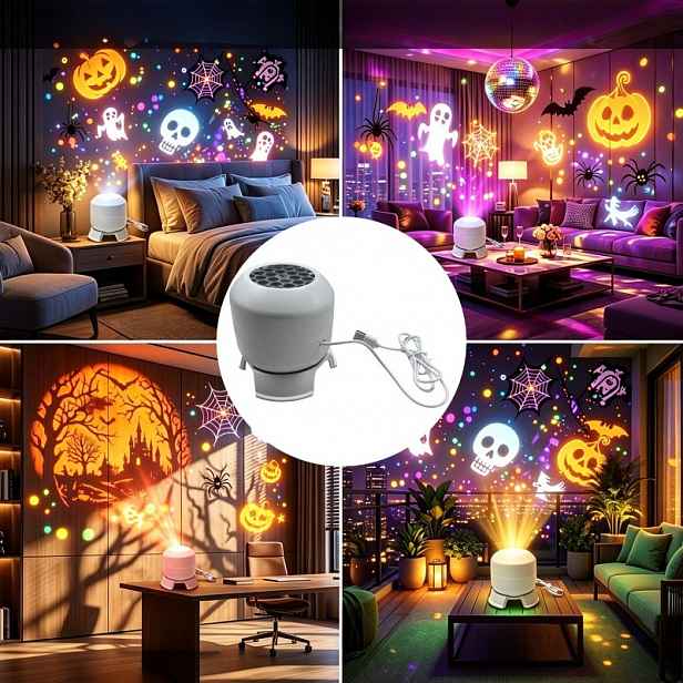 TEMU Dynamické projekční světlo s halloweenským atmosférickým vzorem, napájené přes USB pro pohodlí, 360stupňová rotace. Vhodné pro vnitřní sváteční