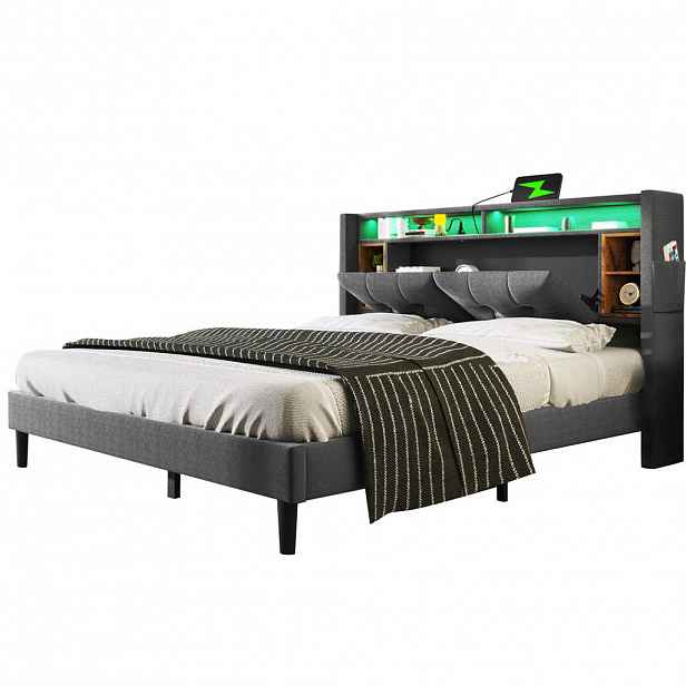 Redom ČALOUNĚNÁ postel 160/200 cm s LED osvětlením, USB, zásuvkami a úložným čelem, Šedá