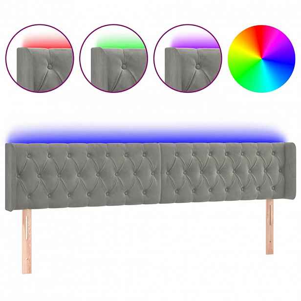 vidaXL Čelo postele s LED světle šedé 183 x 16 x 78/88 cm samet