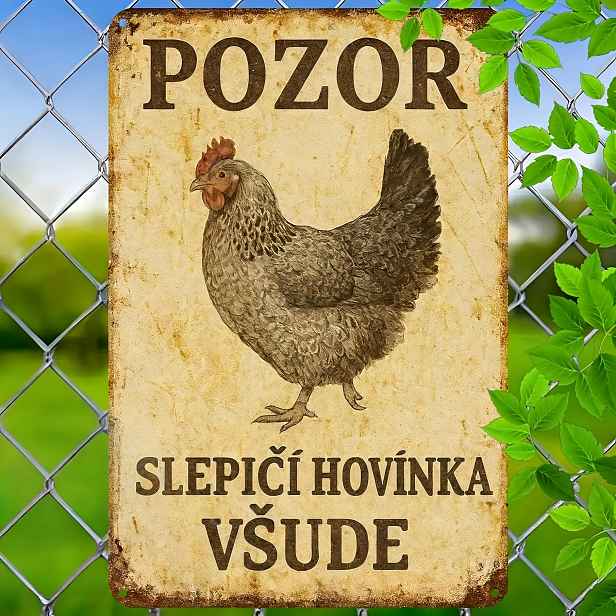 TEMU 2D plochá, jednoduchá kovová nástěnná cedule na kurník v českém/slovenském/polském stylu - Retro dekorace do statku s českým termínem "Pozoor" a