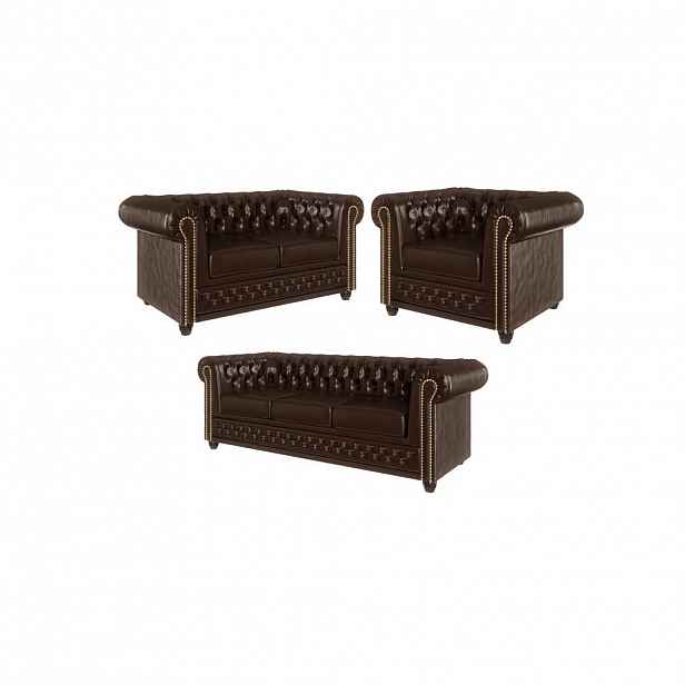 S-Style CHESTERFIELD SEDACÍ SOUPRAVA 3+2+1 Morin z hnědé veganské kůže se spací funkcí