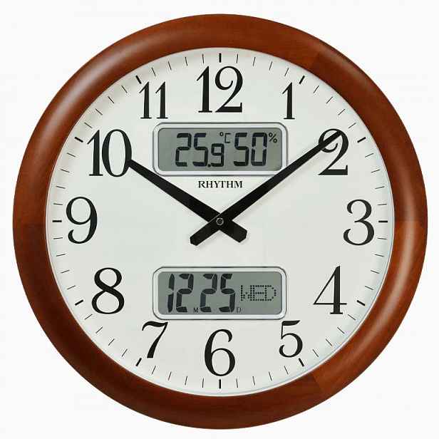 Velké Čitelné Dřevěné Nástěnné Hodiny Rhythm CFG901Č.06 41 cm Teploměr