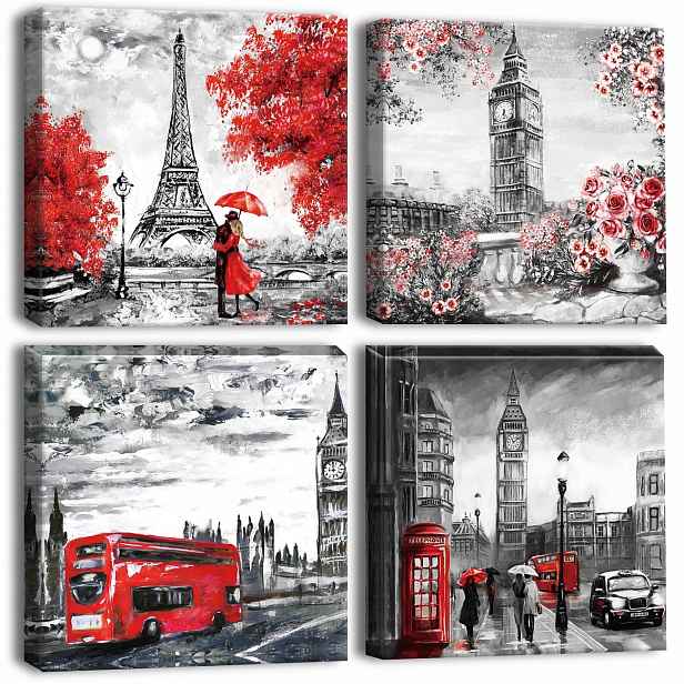 Obrazy Na Plátně 4 Ks 30X30 CM Big Ben Eiffelova Věž Dekorativní Obrazy