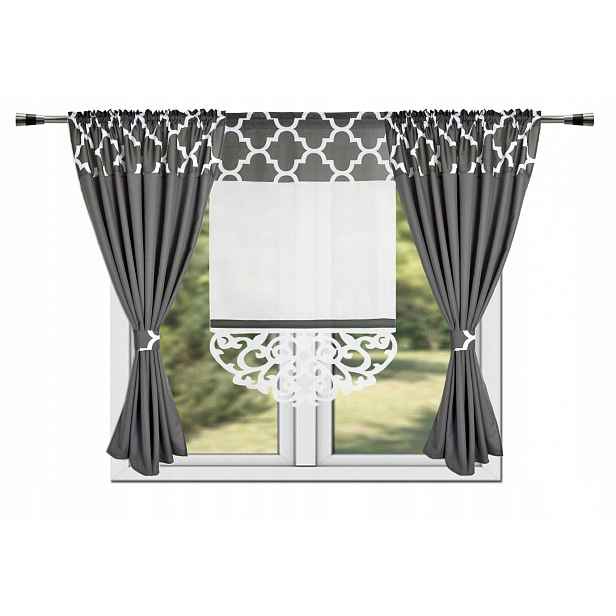 Set Záclon A Dekorativního Panelu Sable Ažur Maroko 370x160 Tmavě Šedý