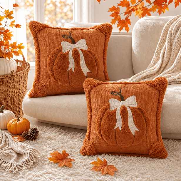TEMU 2/4ks, Podzimní 3D Jacquard Dýňové Povlaky na Polštáře, Podzimní Umělá Kožešina na Díkůvzdání a Halloween, 18x18 palců, Útulné Moderní Estetické
