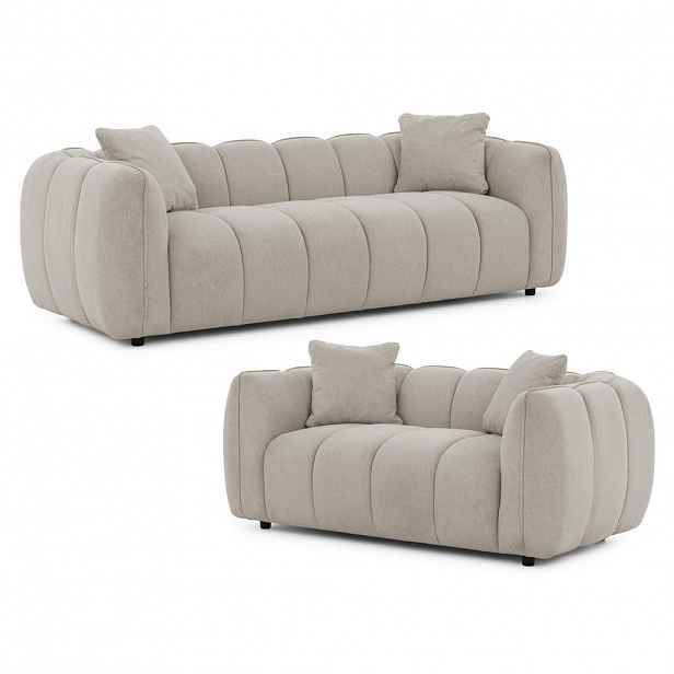 S-Style SEDACÍ SOUPRAVA 3+2 Nubira v hluboce prošívaném designu Bubble z měkké strukturované látky v barvě taupe s moderním vzhledem