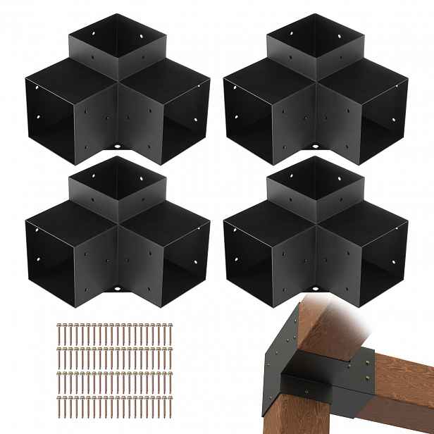 TEMU Sada držáků na pergolu VEVOR 6''X6'', 4 kusy třícestných těžkých rohových držáků pro dřevěné konstrukce DIY, snadná instalace dřevěných nosníků