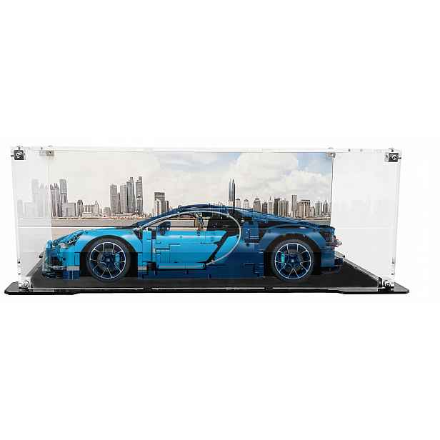 Vitrína s černým podstavcem a pozadím pro sadu Lego 42083 Bugatti Chiron