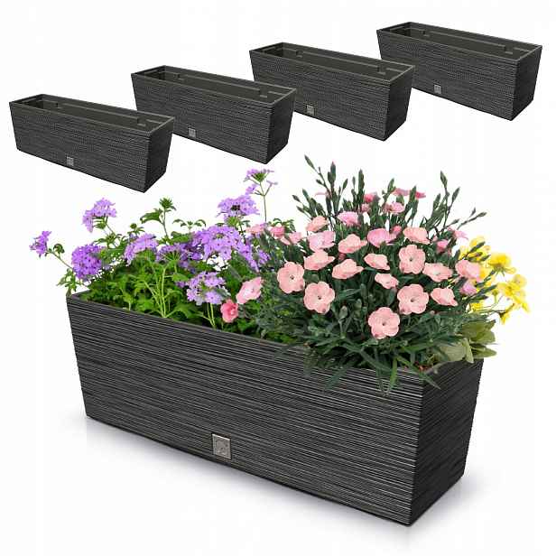 4x Květináč 18L balkonový truhlík 58x19,5 cm antracit prostorná vložka 12L