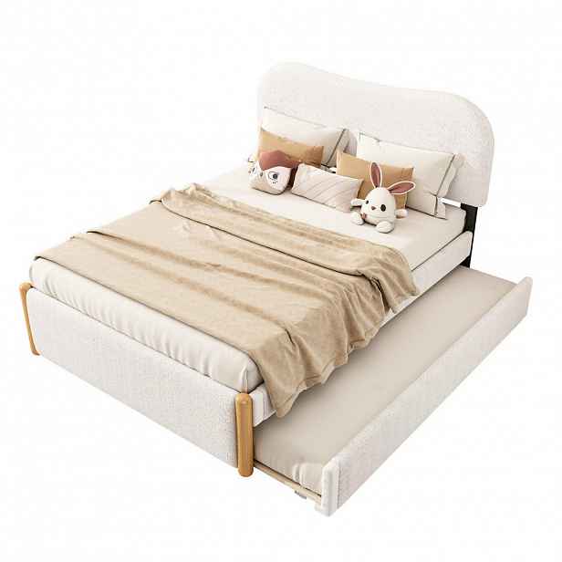 Redom ČALOUNĚNÁ postel 140/200 cm s výsuvným přistýlkovým lůžkem, minimalistický design, Bílá