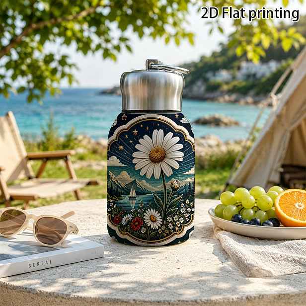 TEMU 1ks 10oz Nerezová Izolovaná Láhev na Vodu 300ml Vakuová Termoska s Přenosným Víčkem s Očkem Retro Sedmikráska Květina Horský Potisk Cestovní