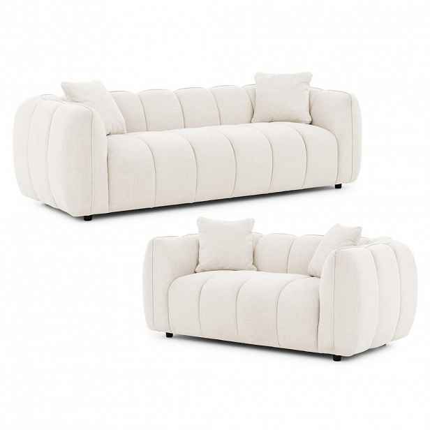 S-Style SEDACÍ SOUPRAVA 3+2 Nubira v hluboce prošívaném designu Bubble z měkké strukturované látky v krémové barvě s moderním vzhledem