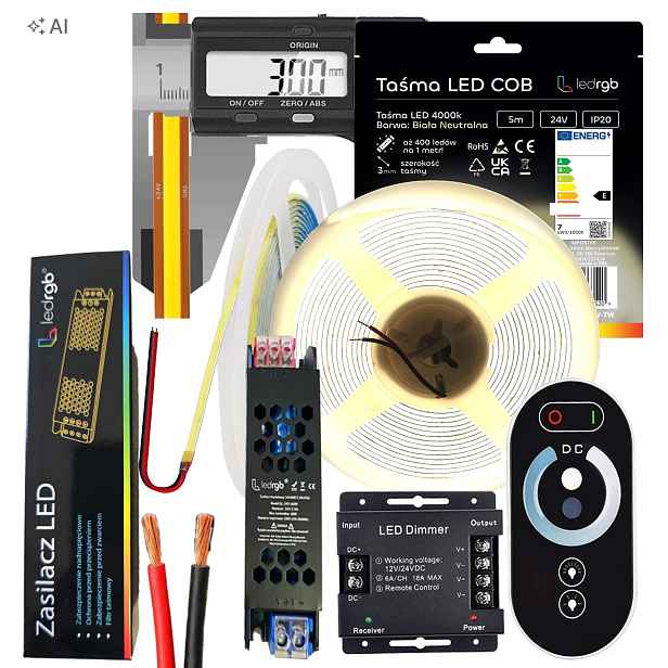 Set Led pásek Neon Cob 24V 5 m 4000K Bílý Neutral Ultra Tenký 3MM Dálkový Ovladač