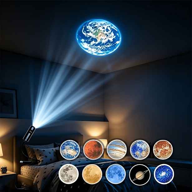 TEMU 1 Planetární měsíční projekční lampa vyměnitelnými diapozitivy, efekt meteorické sprchy, USB napájená Plug-and-Play stropní náladové světlo,