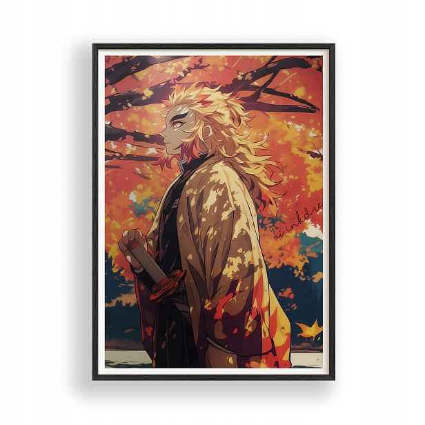 Obraz Demon Slayer Kyojuro Rengoku Plakát Rámeček Dřevěný Černý 30x42 cm