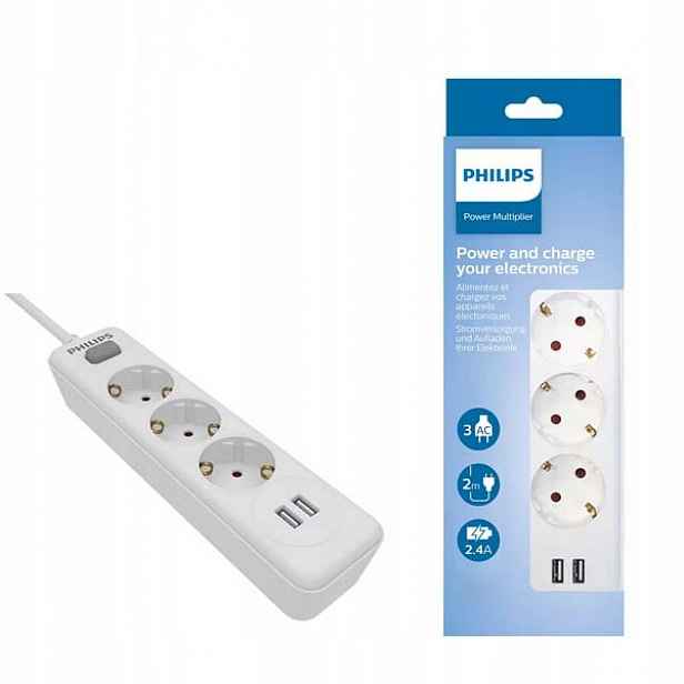 Prodlužovací Kabel Zásuvková Lišta Philips Přepěťová ochrana 3 zásuvky 2 Usb 2 m bílá