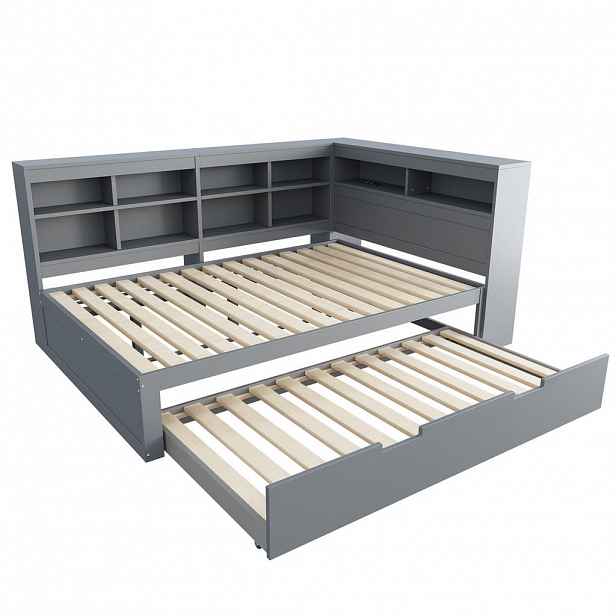 Redom POSTEL 140/200 cm s výsuvným lůžkem 90/190 cm, USB portem a více úložnými prostory, dřevo, Šedá