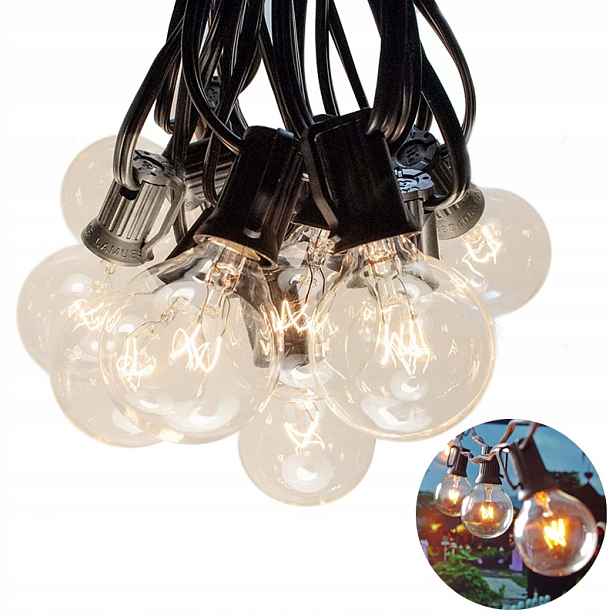 Zahradní girlanda 50 velkých žárovek 15 m, venkovní lampy, bílá, teplá barva