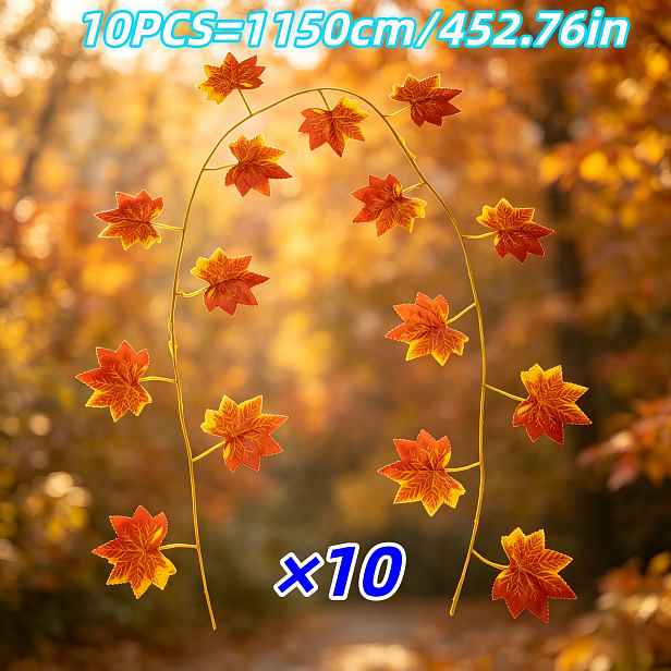 TEMU 10 ks Podzimní vinná réva s javorovými , celková délka přibližně 1150 cm / 452,76 palců, umělé javorové s červeno-oranžovo-žlutým gradientem,