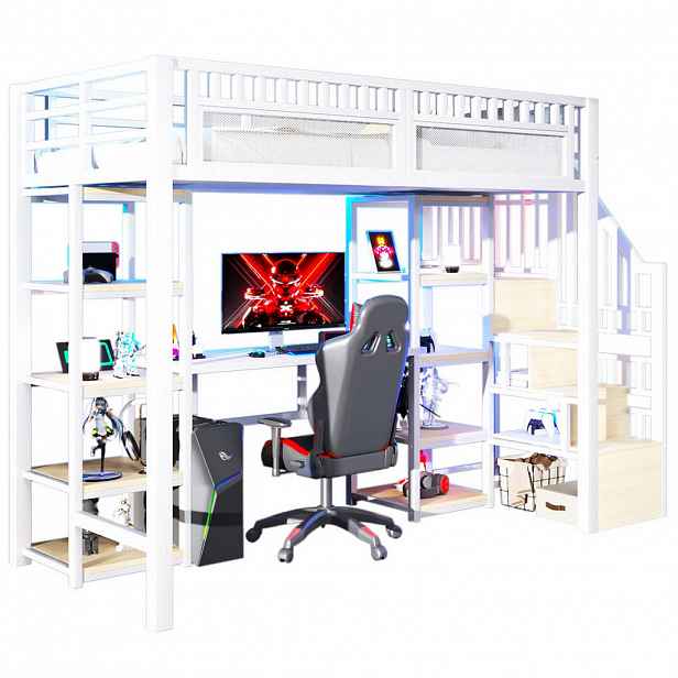 Modfu PATROVÁ postel z kovu a MDF 90x200 cm bílá s psacím stolem, LED osvětlením, USB portem a úložným prostorem