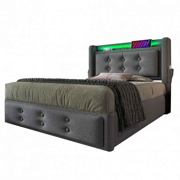 Redom ČALOUNĚNÁ postel 90x200 cm s LED osvětlením, zásuvkami, USB a úložným prostorem, Šedá