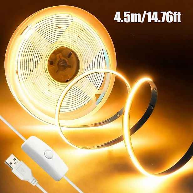 TEMU 0,5M-4,5M USB LED COB světelný pásek s ovládáním tlačítkem, teplá bílá, studená bílá, flexibilní ohebný design, pro snadnou instalaci, jemný
