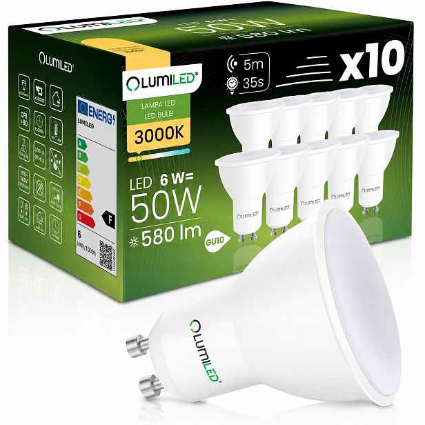 10x Led Žárovka GU10 PAR16 6W 50W 580LM 3000K 120° Senzor Pohybu Lumiled