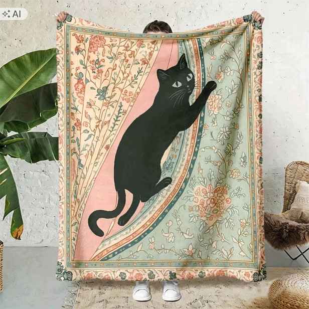 Deka s kočičkami pastelové kočky kočička květiny přehoz Černá kočka dárek 150 x 200 cm