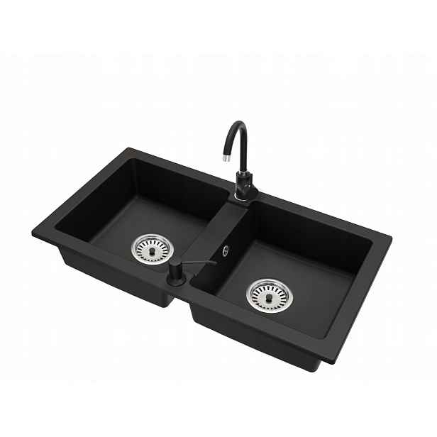 Granitový dřez Dvoukomorový Borys Sifon Chrom Baterie Beta Dávkovač