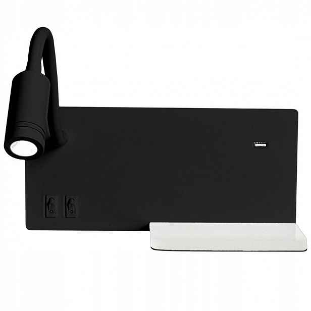 Nástěnné svítidlo Shelf Černá police Usb nabíječka 5W 800 lm moderní do ložnice