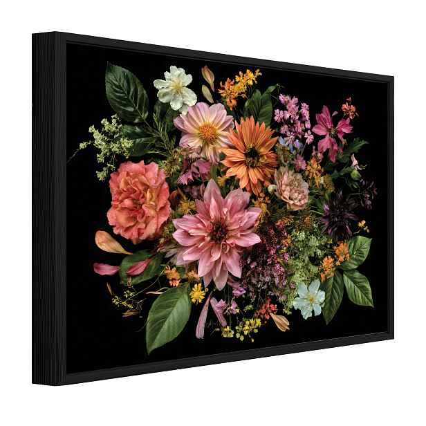 Obraz V Černém Rámu Na Plátně Květiny Černé Pozadí Obývací Pokoj Ložnice 90x60