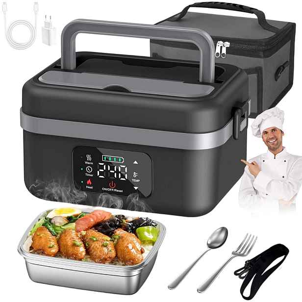 Elektrický Lunchbox 1000 ml s portem typu C a baterií do kanceláře, šedý