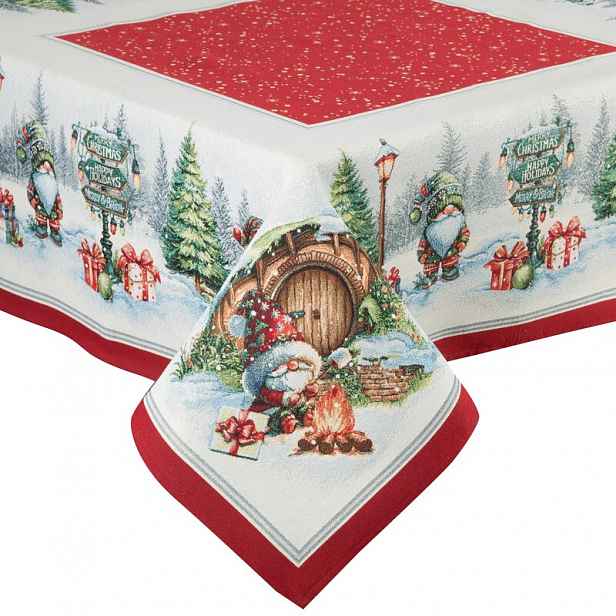 Vánoční ubrus 100x100 Cho Xmas bílá červená zimní krajina
