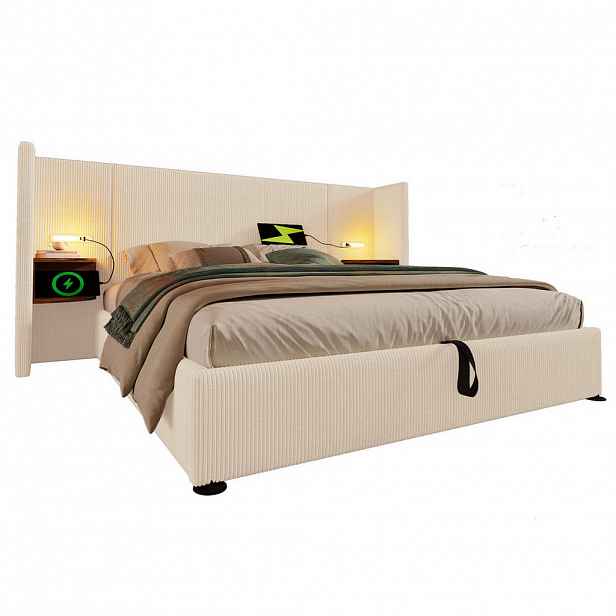 Redom ČALOUNĚNÁ postel 180/200 cm s nočním stolkem, LED čtecí lampou, USB a Type-C nabíjením, hydraulickým úložným prostorem, Béžovo-bílá