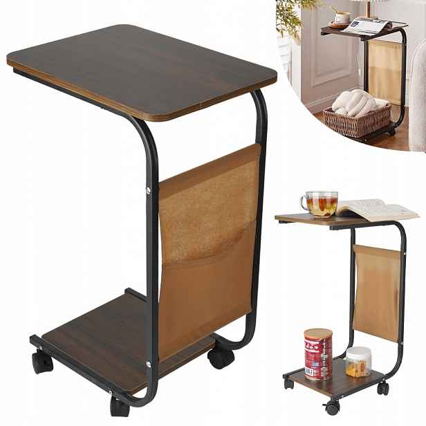Boční Stolek S Kolečky A Kapsou 63 CM, Tvar C, Mobilní Pod Pohovku/postel