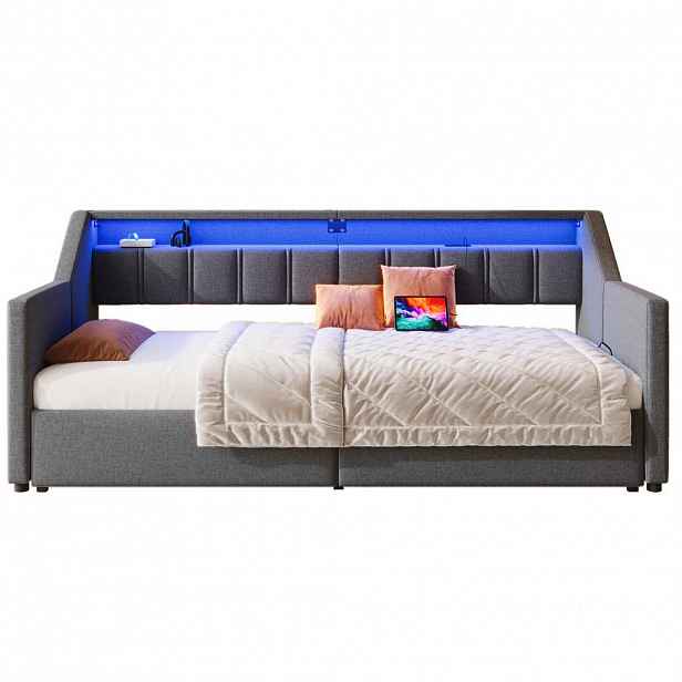 Redom POSTEL 90/200 cm, lněná, s USB, USB-C, LED, 2 zásuvkami a výsuvem na 180/200 cm, Šedá