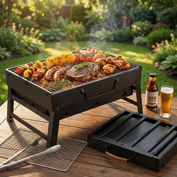 TEMU Skládací přenosný gril na uhlí s nabíjením XXL, velký kompaktní gril na BBQ do zahrady s kufříkem a rukojetí, ideální pro piknik, kempování,
