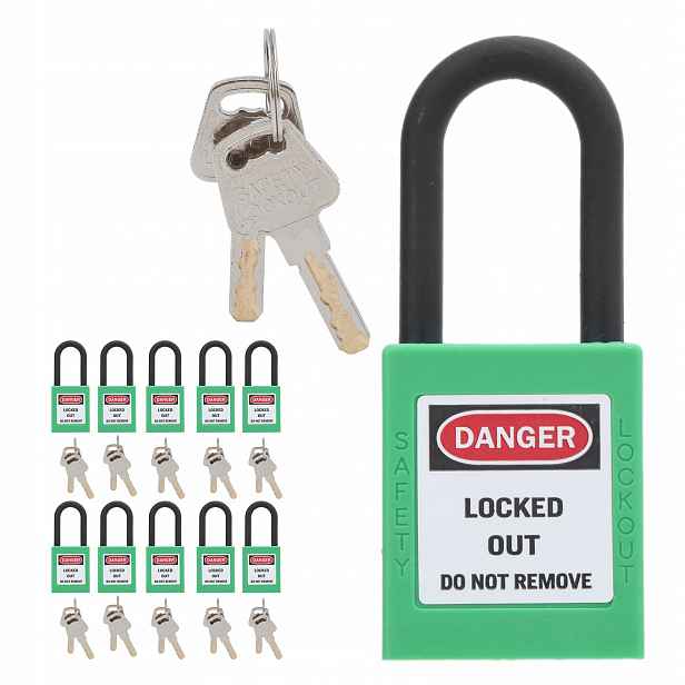 10 Sada Visacích Zámků Nylon Loto Lockout Ochrana Práce 38 MM Zelená