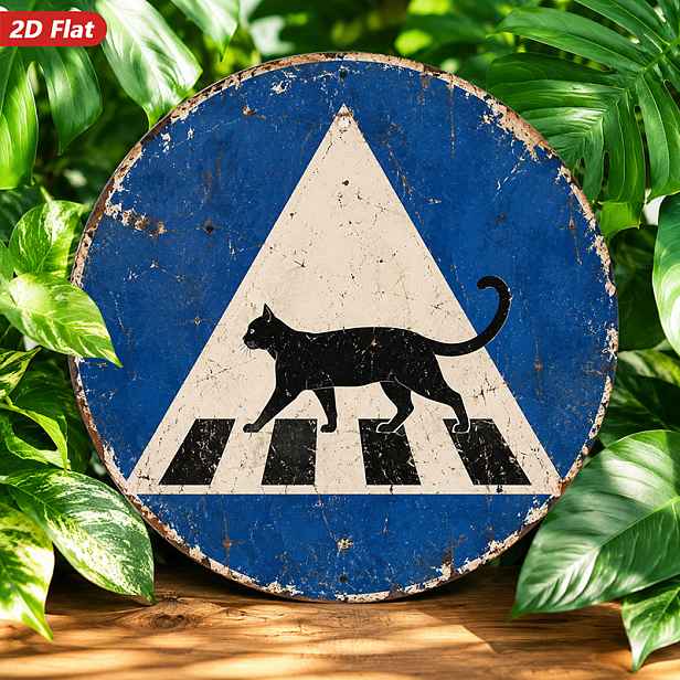 TEMU 2D Plochá, 1ks Kulatá Kovová Cedule Černá Kočka Přecházející, Silueta Kočky, Vhodná , Vstupní , Kancelář, Bílý Trojúhelníkový Motiv, Rustikální