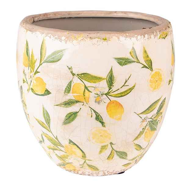 Béžový keramický obal na květináč s citróny Lemonio S - Ø14*14 cm Clayre & Eef