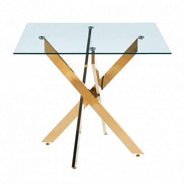 Modfu JÍDELNÍ stůl ze skla a kovu 80x80x75 cm zlatý čtvercový se stabilní kovovou podnoží