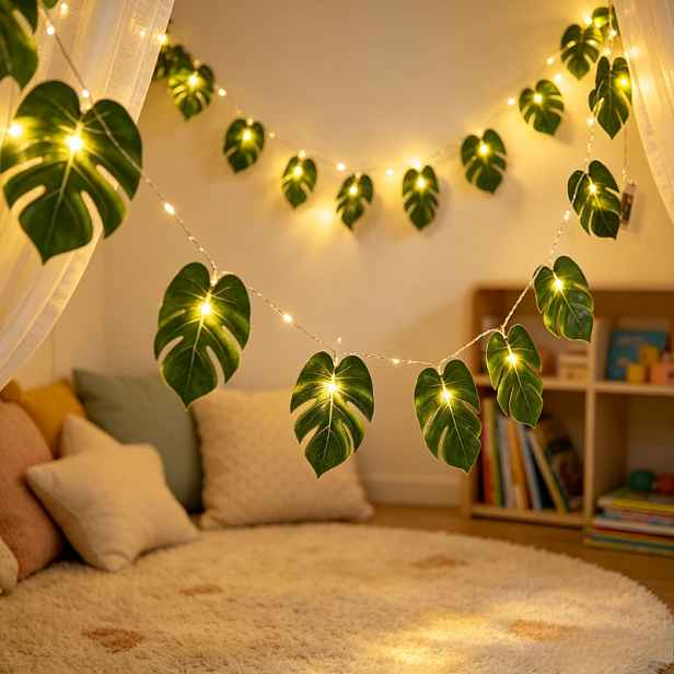 TEMU 1 ks - Řetězové světlo s monstery / 20 LED + 20 listů / Zelená listová světýlka na baterie, tropická rostlinná girlanda pro zahradu, balkon,