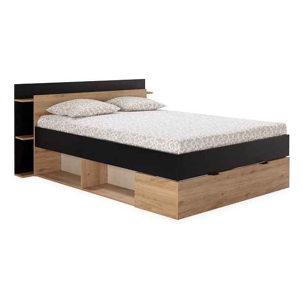 Dvoulůžková postel v dekoru dubu s úložným prostorem bez roštu v černo-přírodní barvě 160x200 cm Albo – Marckeric