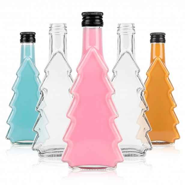 TEMU Sada 5 ks Skleněných Lahví ve Tvaru Vánočního Stromku, 250 ml – Dekorační Vánoční Lahve na Likéry, Vodku, Destiláty, Moonshine, Sirupy, Vína a